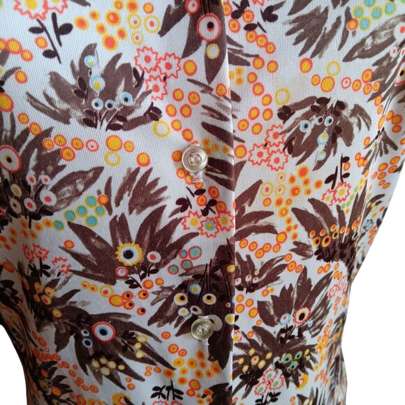 Vintage Women's Small Top Blouse 1970s Disco Peacock Feathers Print Stretch Mom - Picture 3 of 6